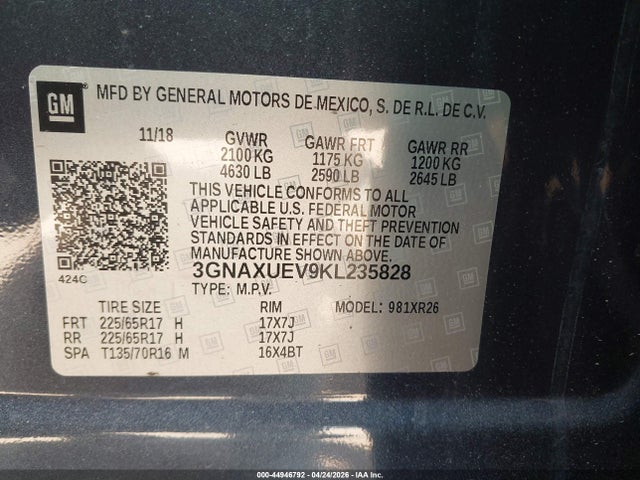 44946792 :رقم المزاد ، 3GNAXUEV9KL235828 vin ، 2019 Chevrolet Equinox Lt مزاد بيع