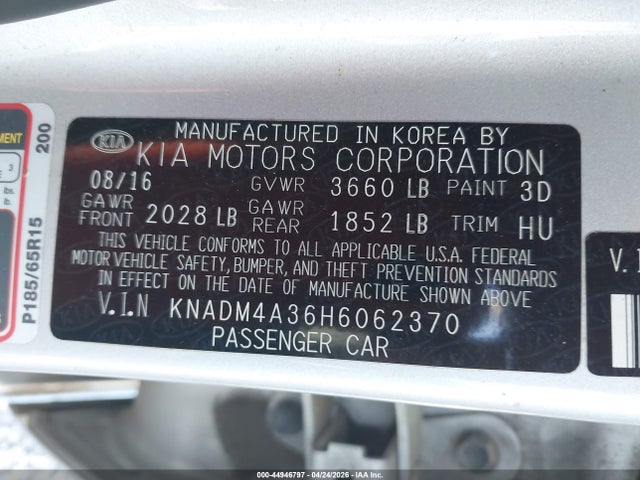 Aukcja sprzedaży 2017 Kia Rio Lx, vin: KNADM4A36H6062370, numer aukcji: 44946797