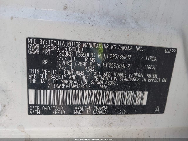 Продаж на аукціоні авто 2022 Toyota Rav4 Hybrid Xle, vin: 2T3RWRFV4NW134543, номер лоту: 44946815