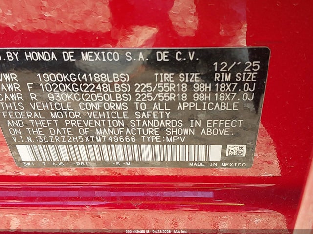 2026 Honda Hr-v Awd Sport მანქანა იყიდება აუქციონზე, vin: 3CZRZ2H5XTM749666, აუქციონის ნომერი: 44946818