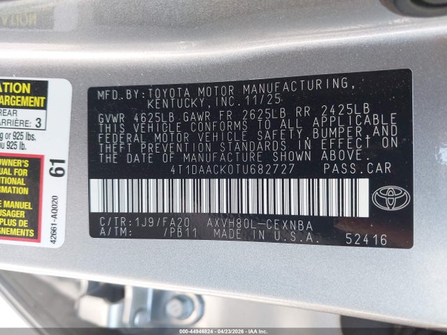 Aukcja sprzedaży 2026 Toyota Camry Le, vin: 4T1DAACK0TU682727, numer aukcji: 44946824