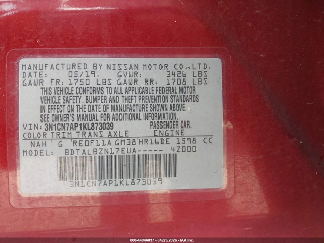 Продажа на аукционе авто 2019 Nissan Versa 1.6 Sv, vin: 3N1CN7AP1KL873039, номер лота: 44946837
