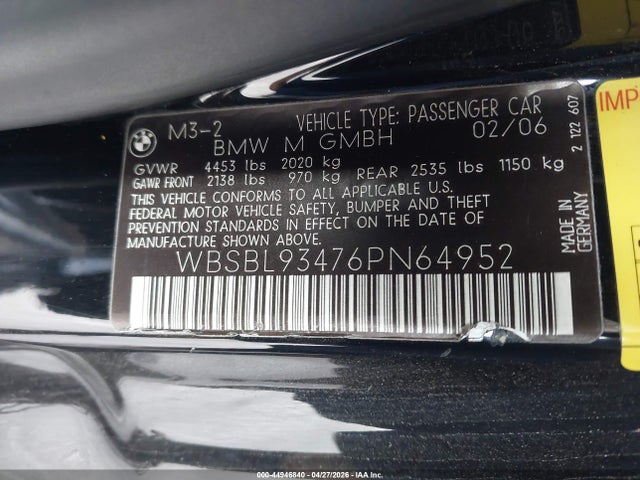 Продажа на аукционе авто 2006 Bmw M3, vin: WBSBL93476PN64952, номер лота: 44946840