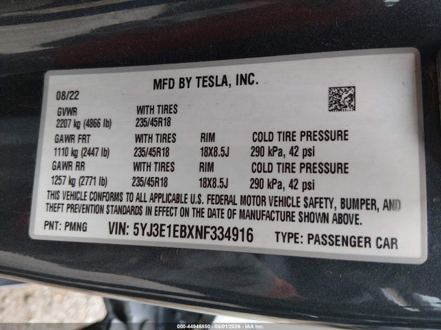 Aukcja sprzedaży 2022 Tesla Model 3 Long Range Dual Motor All-wheel Drive, vin: 5YJ3E1EBXNF334916, numer aukcji: 44946850