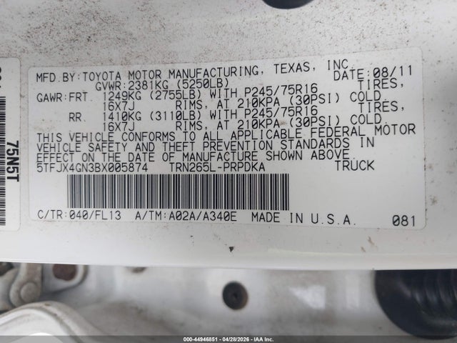 Aukcja sprzedaży 2011 Toyota Tacoma Prerunner, vin: 5TFJX4GN3BX005874, numer aukcji: 44946851