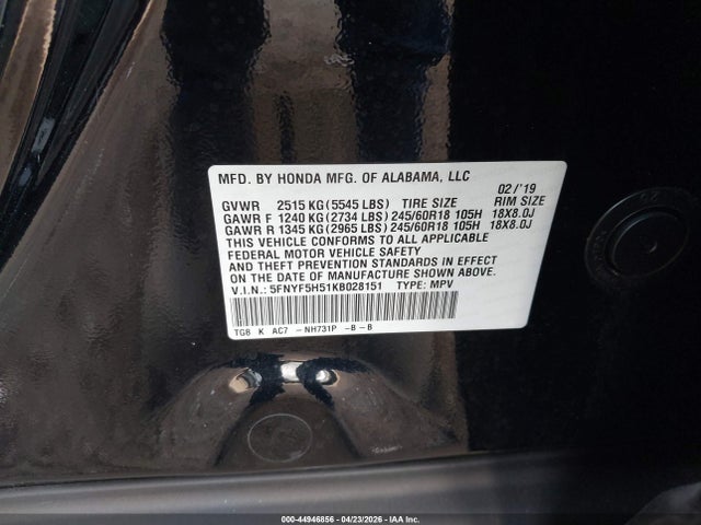 5FNYF5H51KB028151 Honda Pilot Ex-l