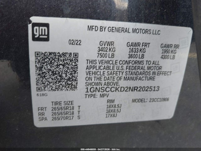 Продажа на аукционе авто 2022 Chevrolet Suburban 2wd Lt, vin: 1GNSCCKD2NR202513, номер лота: 44946859