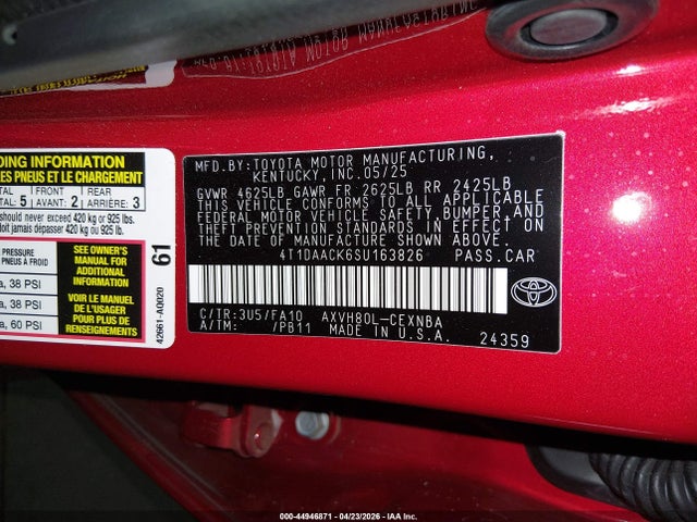 Aukcja sprzedaży 2025 Toyota Camry Le, vin: 4T1DAACK6SU163826, numer aukcji: 44946871