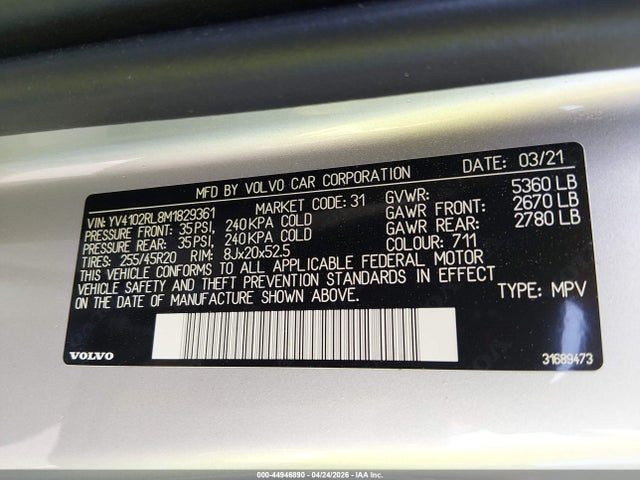 Aukcja sprzedaży 2021 Volvo Xc60 T5 Inscription, vin: YV4102RL8M1829361, numer aukcji: 44946890