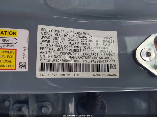 Aukcja sprzedaży 2022 Honda Civic Sport, vin: 2HGFE2F59NH569010, numer aukcji: 44946894