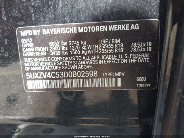 44946895 :رقم المزاد ، 5UXZV4C53D0B02598 vin ، 2013 Bmw X5 Xdrive35i/xdrive35i Premium/xdrive35i Sport Activity مزاد بيع
