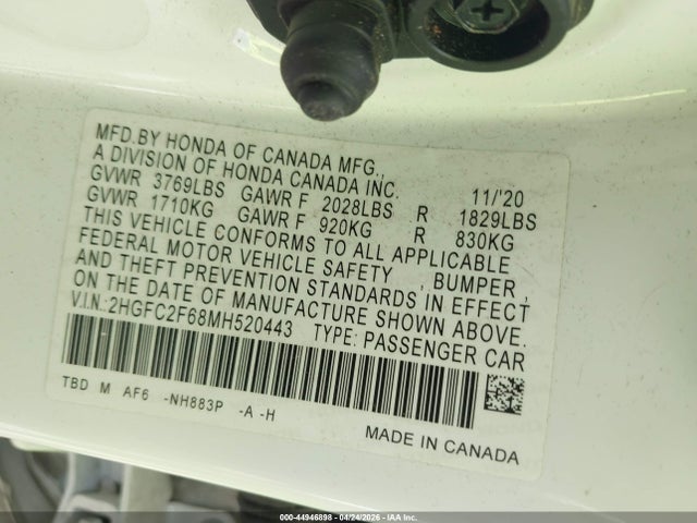 Aukcja sprzedaży 2021 Honda Civic Lx, vin: 2HGFC2F68MH520443, numer aukcji: 44946898