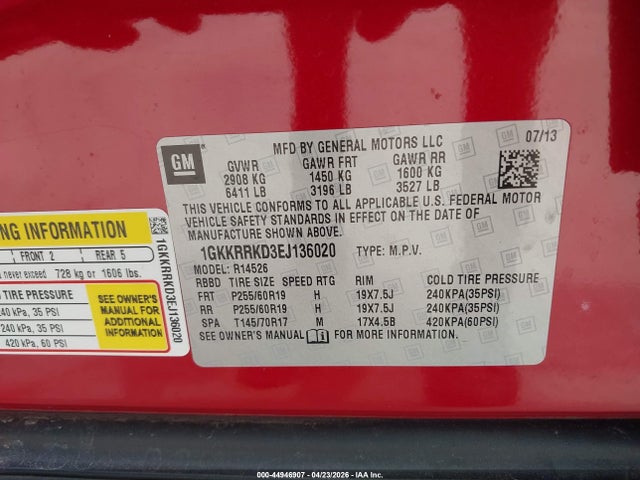 Aukcja sprzedaży 2014 Gmc Acadia Slt-1, vin: 1GKKRRKD3EJ136020, numer aukcji: 44946907