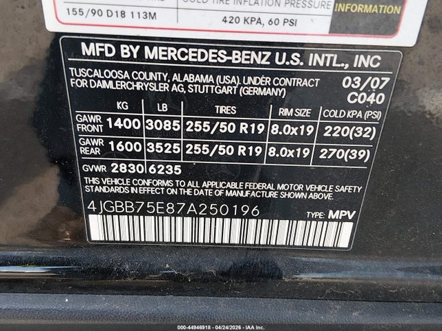 44946918 :رقم المزاد ، 4JGBB75E87A250196 vin ، 2007 Mercedes-benz Ml 500 4matic مزاد بيع