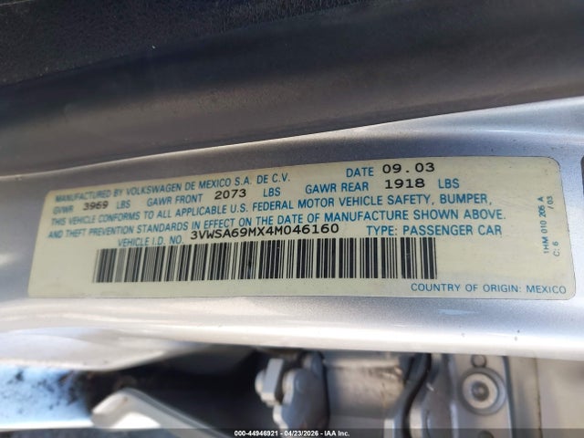 Продаж на аукціоні авто 2004 Volkswagen Jetta Gls 2.0l, vin: 3VWSA69MX4M046160, номер лоту: 44946921