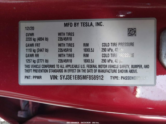 5YJ3E1EB5MF858912 Tesla Model 3 Long Range Dual Motor All-wheel Drive