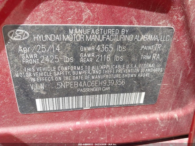 Aukcja sprzedaży 2014 Hyundai Sonata Gls, vin: 5NPEB4AC6EH939356, numer aukcji: 44946933