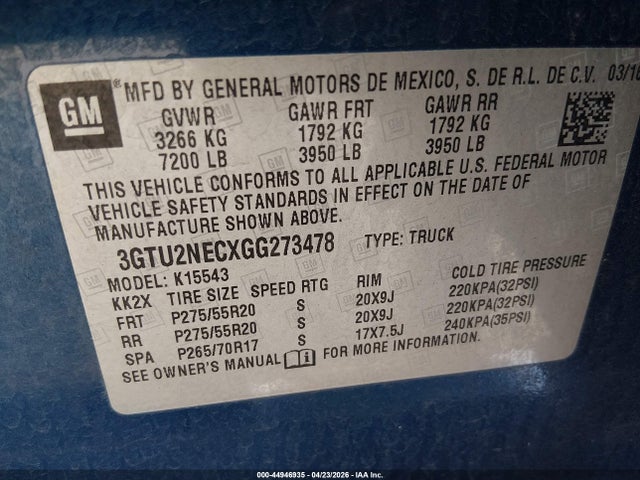 Aukcja sprzedaży 2016 Gmc Sierra 1500 Slt, vin: 3GTU2NECXGG273478, numer aukcji: 44946935