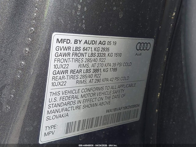 44946938 :رقم المزاد ، WA1BVAF16KD039634 vin ، 2019 Audi Q8 55 Premium مزاد بيع