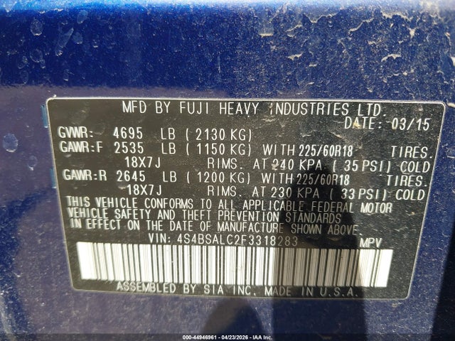 44946961 :رقم المزاد ، 4S4BSALC2F3318283 vin ، 2015 Subaru Outback 2.5i Limited مزاد بيع