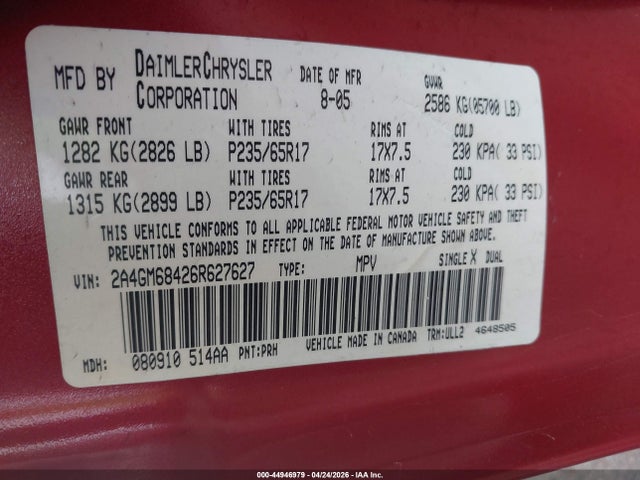 44946979 :رقم المزاد ، 2A4GM68426R627627 vin ، 2006 Chrysler Pacifica Touring مزاد بيع
