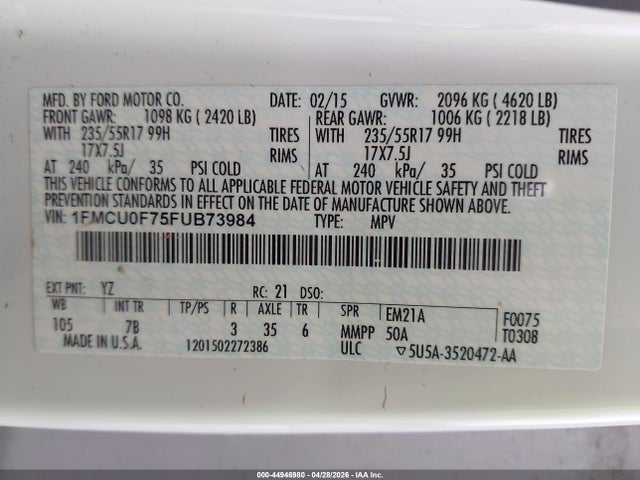 44946980 :رقم المزاد ، 1FMCU0F75FUB73984 vin ، 2015 Ford Escape S مزاد بيع