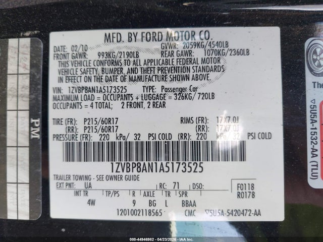 44946982 :رقم المزاد ، 1ZVBP8AN1A5173525 vin ، 2010 Ford Mustang V6/v6 Premium مزاد بيع