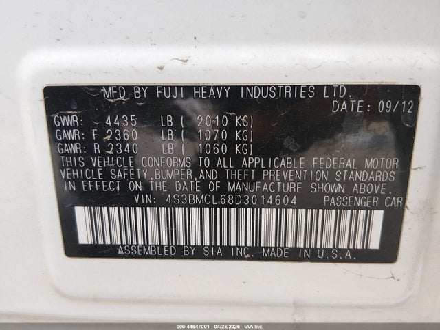 44947001 :رقم المزاد ، 4S3BMCL68D3014604 vin ، 2013 Subaru Legacy 2.5i Limited مزاد بيع