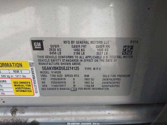 Auction sale of the 2014 Buick Enclave Leather, vin: 5GAKVBKD5EJ274125, lot number: 44947009