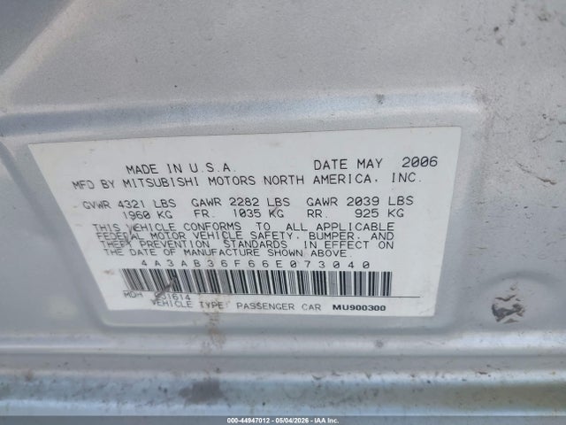 2006 Mitsubishi Galant Es/se მანქანა იყიდება აუქციონზე, vin: 4A3AB36F66E073040, აუქციონის ნომერი: 44947012