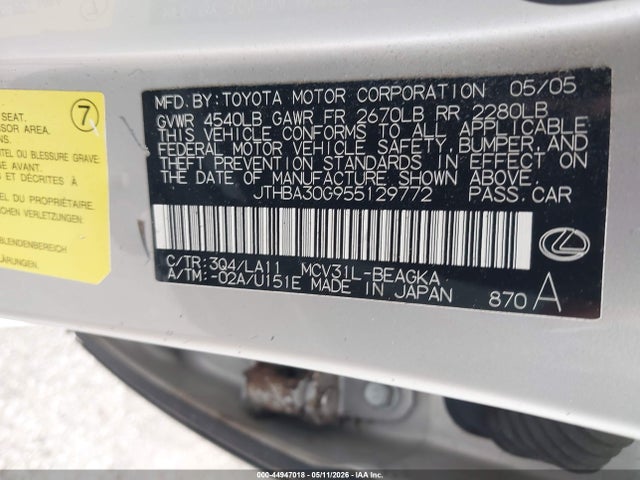 Aukcja sprzedaży 2005 Lexus Es 330, vin: JTHBA30G955129772, numer aukcji: 44947018