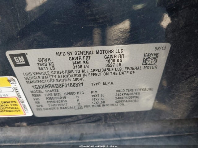Продажа на аукционе авто 2015 Gmc Acadia Slt-1, vin: 1GKKRRKD3FJ160321, номер лота: 44947019