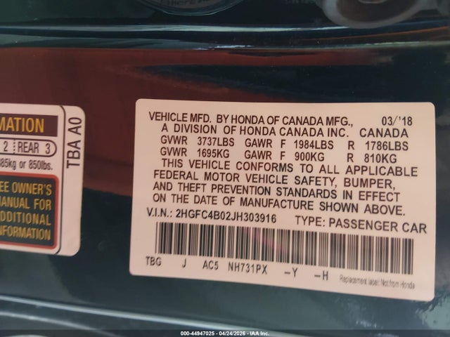 Продаж на аукціоні авто 2018 Honda Civic Lx-p, vin: 2HGFC4B02JH303916, номер лоту: 44947025