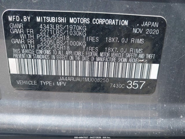 Aukcja sprzedaży 2021 Mitsubishi Outlander Sport 2.0 Be Awc/2.0 Es Awc/2.0 Le Awc/2.0 Se Awc, vin: JA4ARUAU1MU008250, numer aukcji: 44947037
