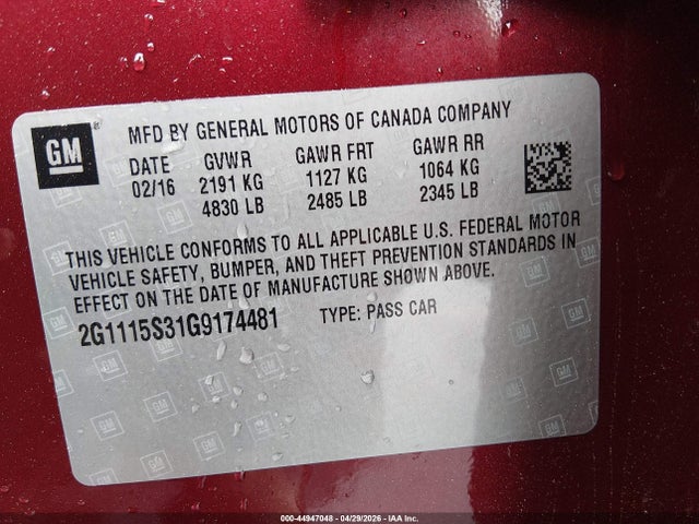 Auction sale of the 2016 Chevrolet Impala 2lt, vin: 2G1115S31G9174481, lot number: 44947048