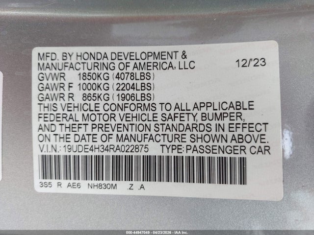 Продаж на аукціоні авто 2024 Acura Integra A-spec, vin: 19UDE4H34RA022875, номер лоту: 44947049