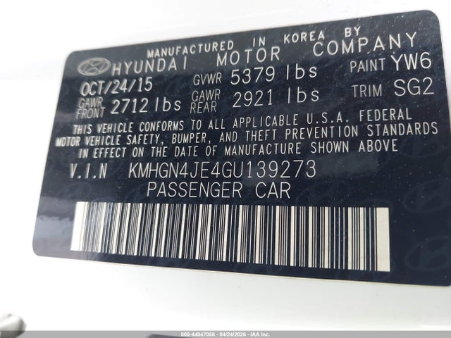 Aukcja sprzedaży 2016 Hyundai Genesis 3.8, vin: KMHGN4JE4GU139273, numer aukcji: 44947058