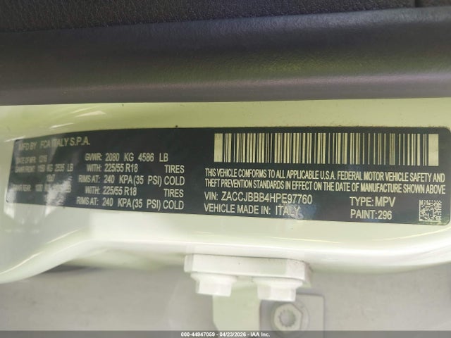 Продаж на аукціоні авто 2017 Jeep Renegade Altitude 4x4, vin: ZACCJBBB4HPE97760, номер лоту: 44947059