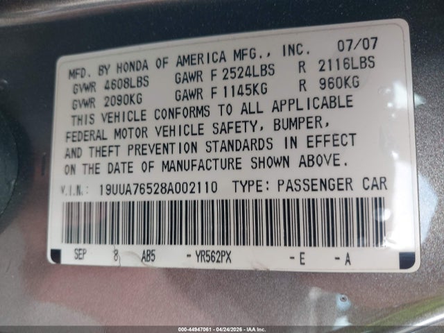 Aukcja sprzedaży 2008 Acura Tl Type S, vin: 19UUA76528A002110, numer aukcji: 44947061