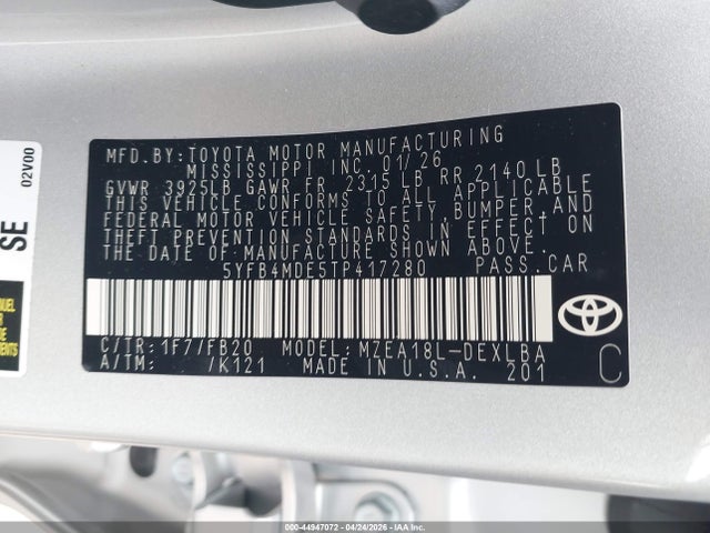 Aukcja sprzedaży 2026 Toyota Corolla Le, vin: 5YFB4MDE5TP417280, numer aukcji: 44947072