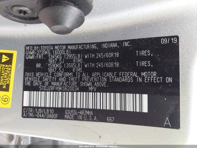 44947074 :رقم المزاد ، 5TDJZRFH9KS620034 vin ، 2019 Toyota Highlander Xle مزاد بيع
