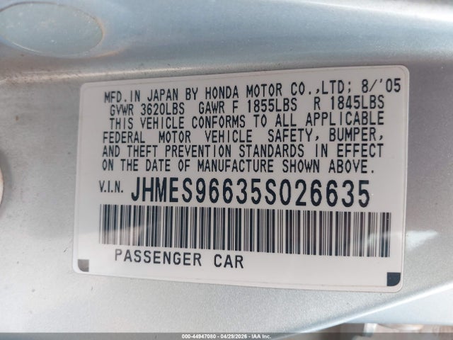 2005 Honda Civic Hybrid მანქანა იყიდება აუქციონზე, vin: JHMES96635S026635, აუქციონის ნომერი: 44947080