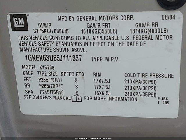 Aukcja sprzedaży 2005 Gmc Yukon Denali, vin: 1GKEK63U85J111337, numer aukcji: 44947097