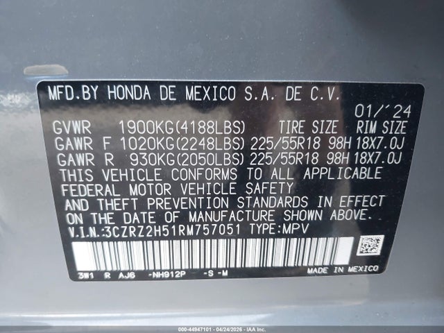 Продажа на аукционе авто 2024 Honda Hr-v Awd Sport/awd Sport W/o Bsi, vin: 3CZRZ2H51RM757051, номер лота: 44947101