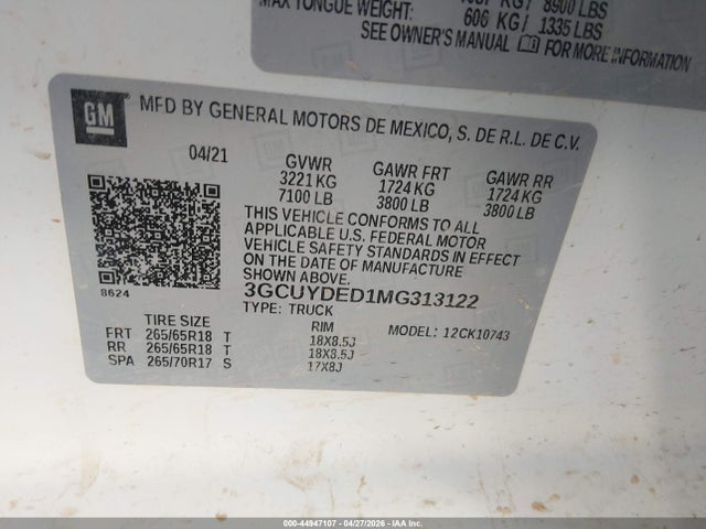 Продаж на аукціоні авто 2021 Chevrolet Silverado 1500 4wd  Standard Bed Lt, vin: 3GCUYDED1MG313122, номер лоту: 44947107
