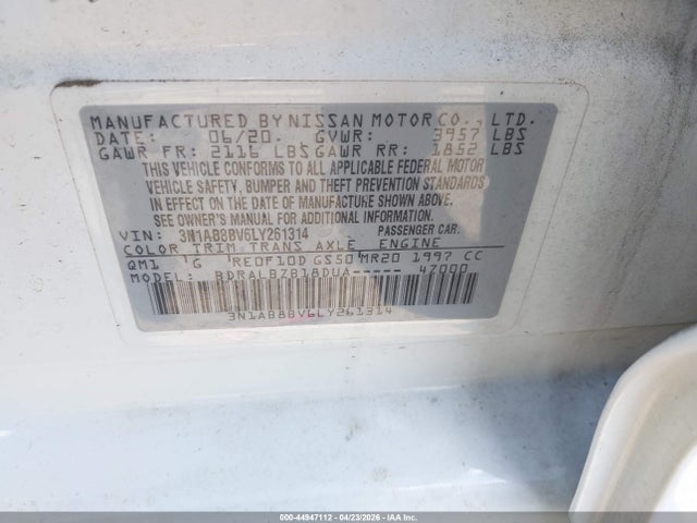 2020 Nissan Sentra S Xtronic Cvt მანქანა იყიდება აუქციონზე, vin: 3N1AB8BV6LY261314, აუქციონის ნომერი: 44947112