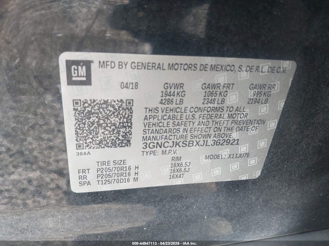 3GNCJKSBXJL362921 Chevrolet TRAX LS