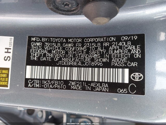 Aukcja sprzedaży 2020 Toyota Corolla Hybrid Le, vin: JTDEBRBE4LJ018996, numer aukcji: 44947124