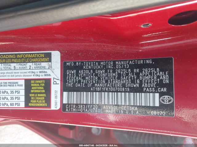2013 Toyota Camry Se მანქანა იყიდება აუქციონზე, vin: 4T1BF1FK1DU700819, აუქციონის ნომერი: 44947146