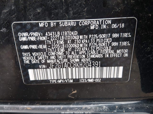 44947159 :رقم المزاد ، JF2GTACC8KH204391 vin ، 2019 Subaru Crosstrek 2.0i Premium مزاد بيع